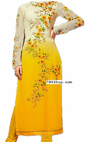  Off-white/Yellow Chiffon Suit | Pakistani Dresses in USA- Image 1