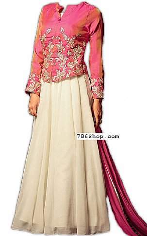  Pink/Off-white Chiffon Suit | Pakistani Wedding Dresses USA- Image 1