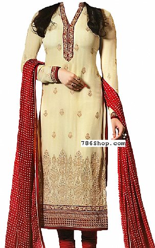  Ivory/Red Chiffon Suit | Pakistani Dresses in USA- Image 1