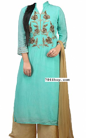  Light Turquoise Chiffon Suit | Pakistani Dresses in USA- Image 1