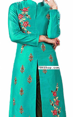  Turquoise Silk Suit | Pakistani Dresses in USA- Image 2