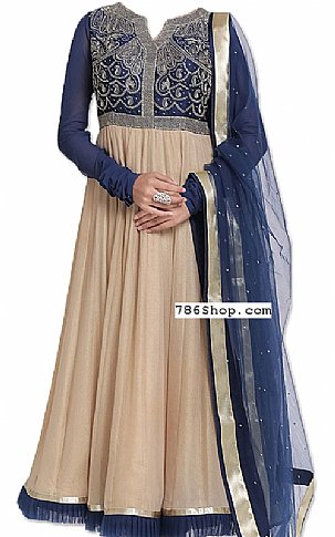  Beige/Navy Blue Chiffon Suit | Pakistani Dresses in USA- Image 1