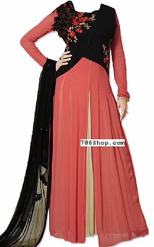  Peach/Black Chiffon Suit | Pakistani Dresses in USA- Image 1