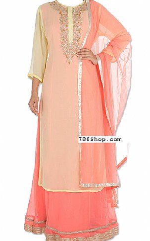  Peach/Yellow Chiffon Suit | Pakistani Wedding Dresses- Image 1