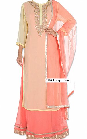  Peach/Yellow Chiffon Suit | Pakistani Wedding Dresses USA- Image 1
