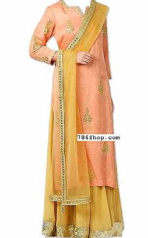  Peach/Mustard Silk Suit | Pakistani Wedding Dresses- Image 1