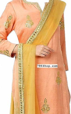  Peach/Mustard Silk Suit | Pakistani Wedding Dresses- Image 2