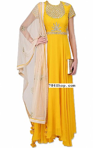  Gold Yellow Chiffon Suit | Pakistani Dresses in USA- Image 1
