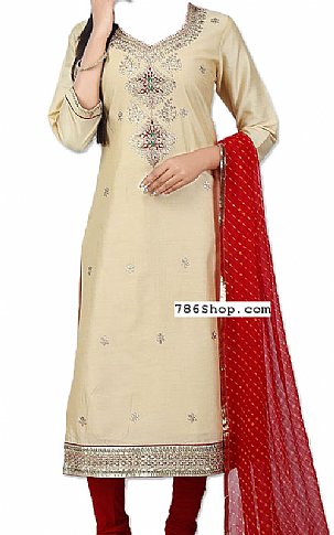  Ivory/Maroon Silk Suit | Pakistani Dresses in USA- Image 1