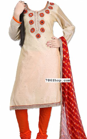  Ivory/Orange Silk Suit | Pakistani Dresses in USA- Image 1