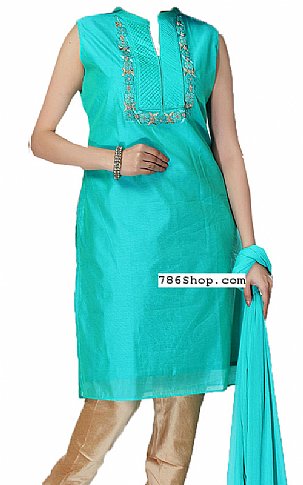  Turquoise Silk Suit | Pakistani Dresses in USA- Image 1