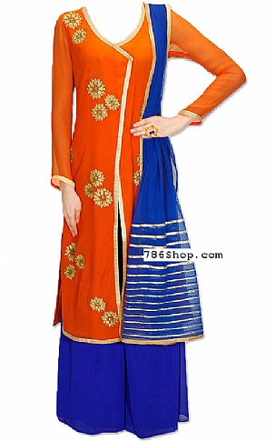  Orange/Blue Chiffon Suit | Pakistani Dresses in USA- Image 1