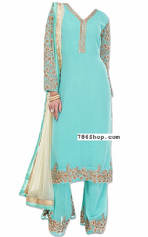  Turquoise Chiffon Suit | Pakistani Dresses in USA- Image 1