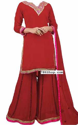  Red Georgette Suit | Pakistani Wedding Dresses- Image 1