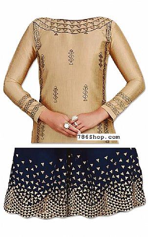  Golden/Blue Silk Suit | Pakistani Wedding Dresses- Image 2