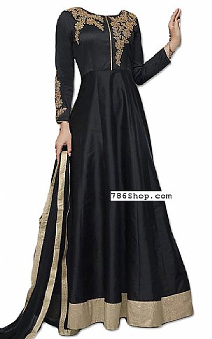  Black Raw Silk Suit | Pakistani Dresses in USA- Image 1