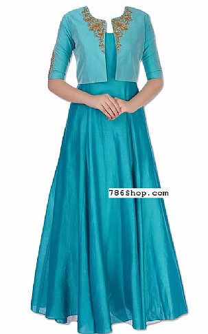  Turquoise Silk Suit | Pakistani Dresses in USA- Image 1