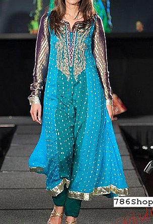  Turquoise Chiffon Jamawar Suit | Pakistani Party Wear Dresses USA- Image 1
