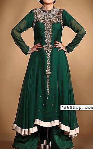  Bottle Green Chiffon Suit | Pakistani Party Wear Dresses- Image 1