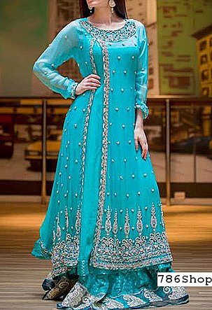  Turquoise Crinkle Chiffon Suit | Pakistani Wedding Dresses- Image 1