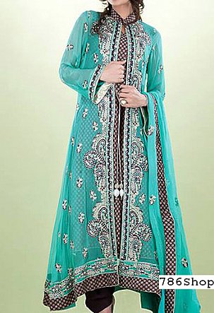 Turquoise Chiffon Suit | Pakistani Party Wear Dresses- Image 1
