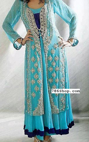  Turquoise Chiffon Suit | Pakistani Party Wear Dresses- Image 1