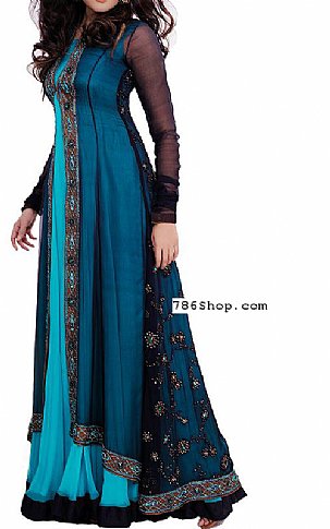  Blue/Turquoise Chiffon Suit | Pakistani Party Wear Dresses USA- Image 1
