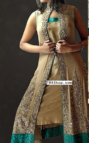  Sea Green/Beige Chiffon Suit | Pakistani Party Wear Dresses- Image 1