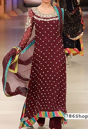  Maroon Jamawar Chiffon Suit | Pakistani Party Wear Dresses- Image 1