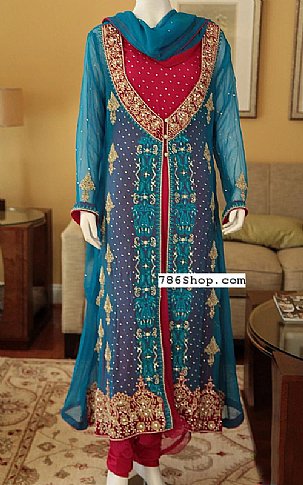  Turquoise/Red Chiffon Suit | Pakistani Party Wear Dresses- Image 1