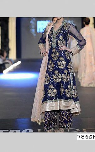  Navy Blue Crinkle Chiffon Suit | Pakistani Dresses in USA- Image 1