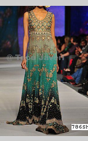  Sea Green/Black Chiffon Suit | Pakistani Party Wear Dresses- Image 1