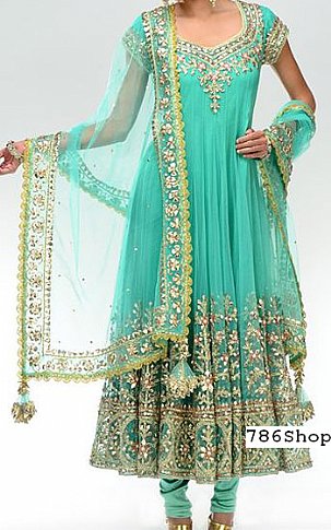  Light Sea Green Net Suit | Pakistani Party Wear Dresses- Image 1