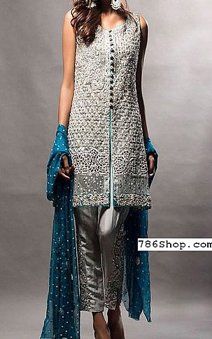  Silver Raw Silk Suit | Pakistani Dresses in USA- Image 1
