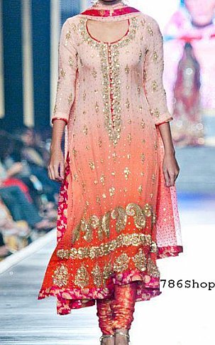  Peach/Orange Chiffon Suit | Pakistani Party Wear Dresses USA- Image 1