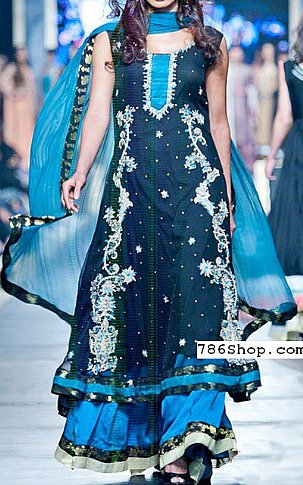  Blue/Turquoise Chiffon Suit | Pakistani Party Wear Dresses- Image 1