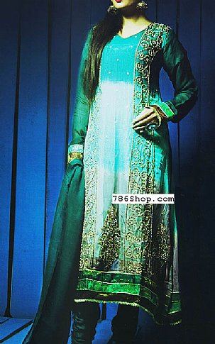  Turquoise Chiffon Suit | Pakistani Party Wear Dresses- Image 1