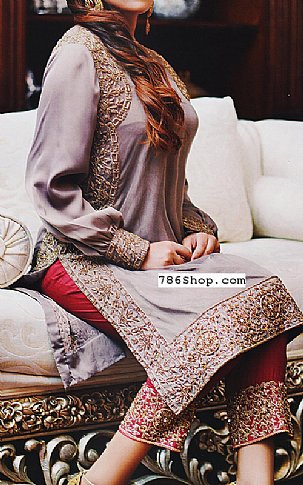  Grey/Red Chiffon Suit | Pakistani Party Wear Dresses- Image 1