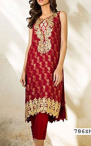  Red Jamawar Chiffon Suit | Pakistani Party Wear Dresses- Image 1