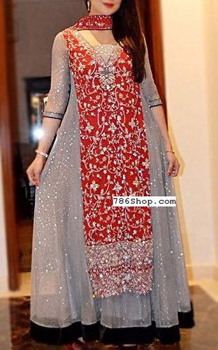  Red/Grey Chiffon Suit | Pakistani Party Wear Dresses- Image 1