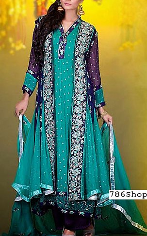  Turquoise/Blue Chiffon Suit | Pakistani Party Wear Dresses USA- Image 1