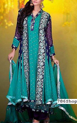  Turquoise/Blue Chiffon Suit | Pakistani Party Wear Dresses- Image 1