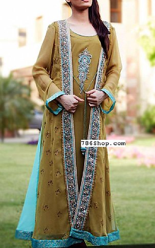  Olive Green Chiffon Suit | Pakistani Party Wear Dresses- Image 1