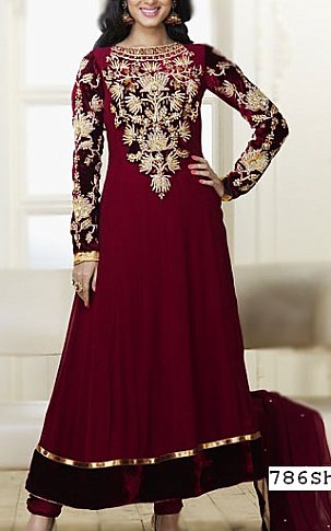  Maroon Chiffon Suit | Pakistani Party Wear Dresses- Image 1