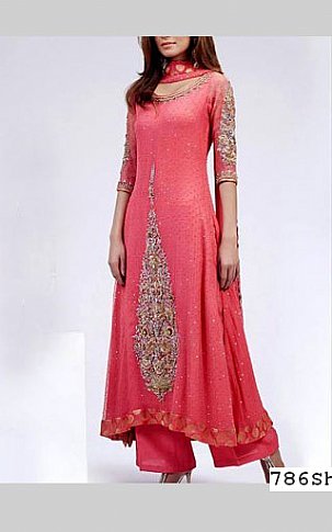  Carrot Pink Chiffon Suit | Pakistani Party Wear Dresses- Image 1