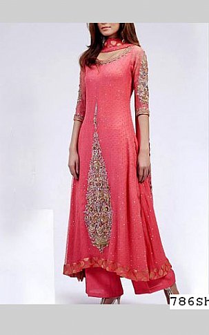 Carrot Pink Chiffon Suit | Pakistani Party Wear Dresses USA- Image 1