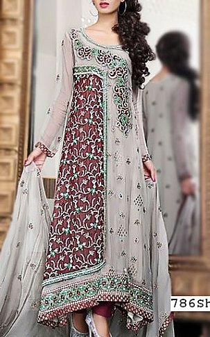  Grey/Mauve Chiffon Suit | Pakistani Party Wear Dresses- Image 1