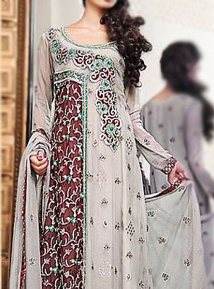  Grey/Mauve Chiffon Suit | Pakistani Party Wear Dresses- Image 2
