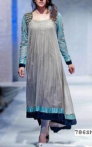  Grey/Turquoise Net Suit | Pakistani Party Wear Dresses- Image 1