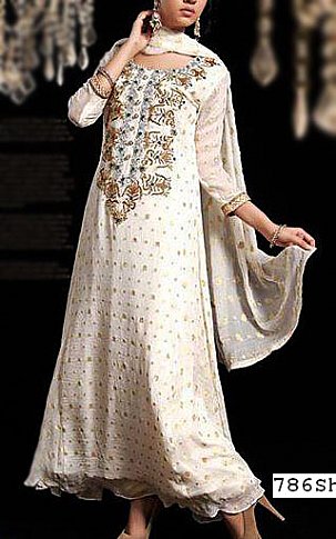  Off-white Jamawar Chiffon Suit | Pakistani Party Wear Dresses USA- Image 1